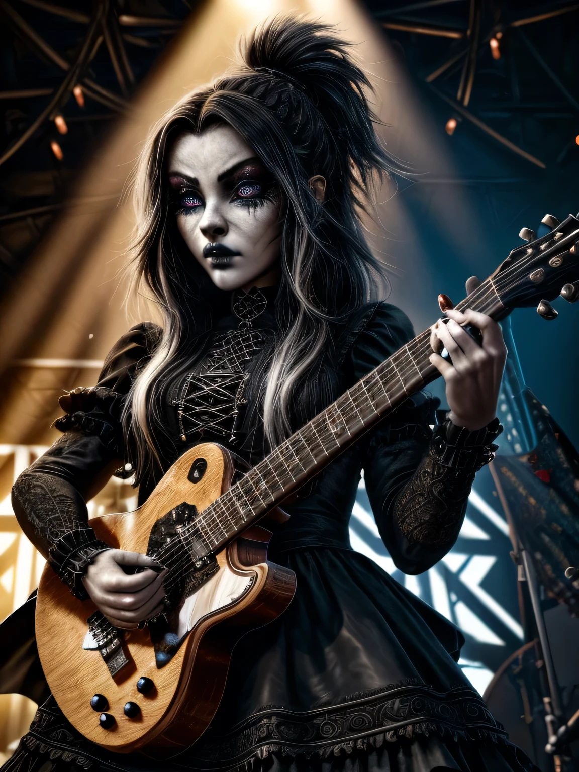 swedish metal rock girl holding a guitar, intense stare into camera, with gothic make-up, intricate details, highly detailed eyes, fancy hair and dark gothic dress, flash photo, on stage, intricate details