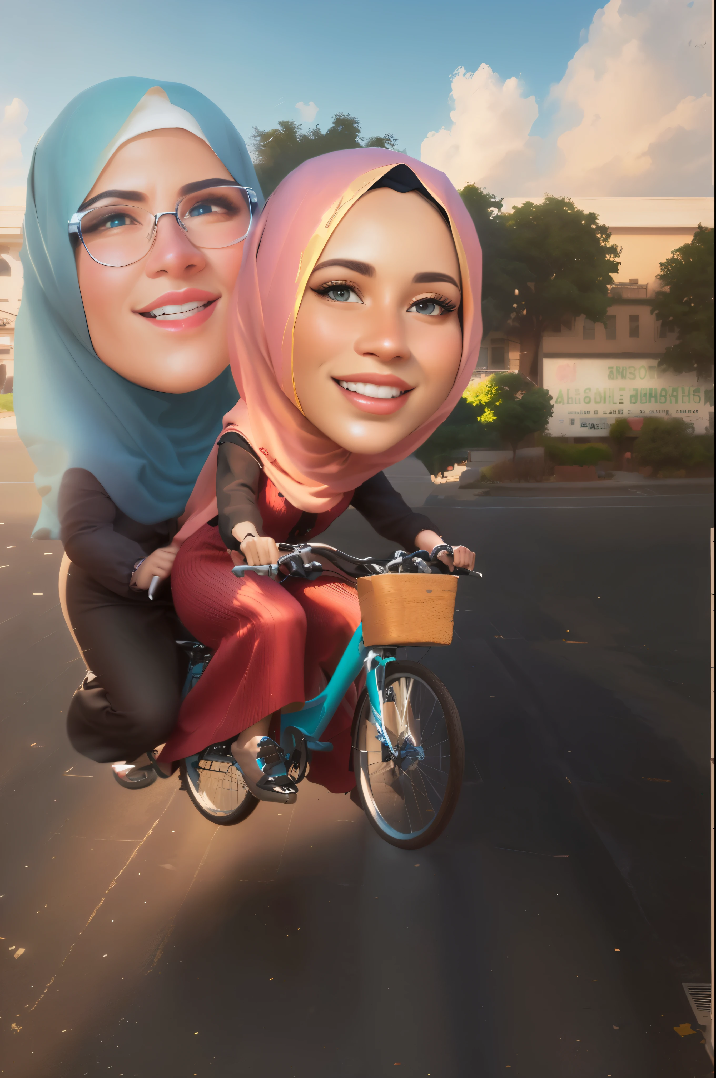 cartoon of two hijab woman riding a bike, caricature illustration, caricature!!!, caricature, cartoon digital art, realism artstyle, caricature style, 3 d cartoon, cartoon artstyle, digital art cartoon, cartoon digital painting, cartoon portrait, realistic 3d, realistic cartoon, cartoon art, in cartoon style, realism art, by Abidin Dino