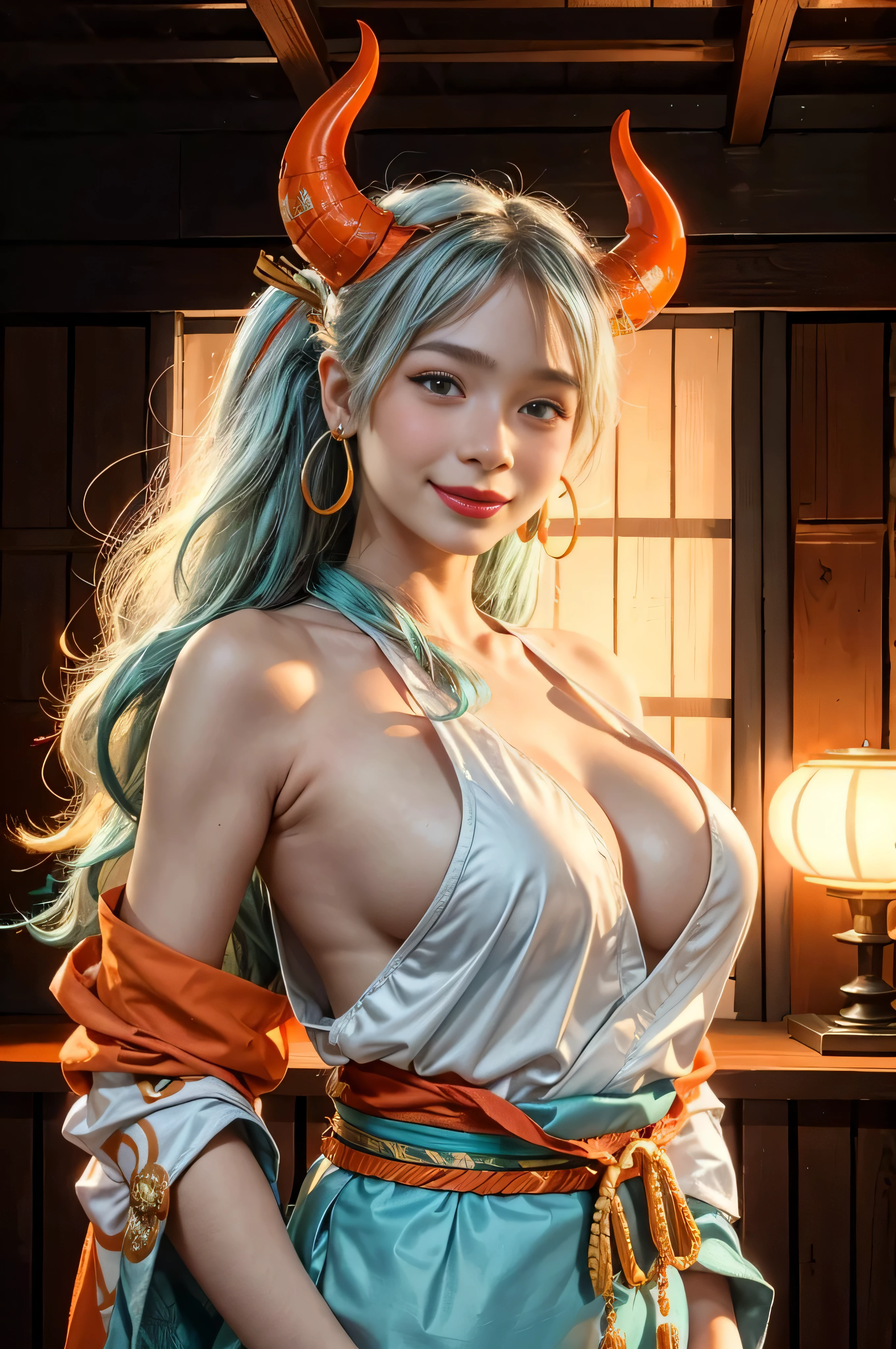 (masterpiece:1.2), (ultra detailed background, delicate pattern, intricate detail), (highly detailed, fine details), best quality, beautiful lighting, ((large breasts, slim girl, very slim girl)), (cowboy shot), YamatoV2, long hair, 1girl, beautiful girl, horns, white hair, solo, oni, red horns, curled horns, hair ornament, (multicolored horns), jewelry, earrings, Japanese clothes, kimono, hair stick, sleeveless, bare shoulders, aqua hair, sidelocks, hoop earrings, hakama, smile, wide smile, ((orange eyes)),