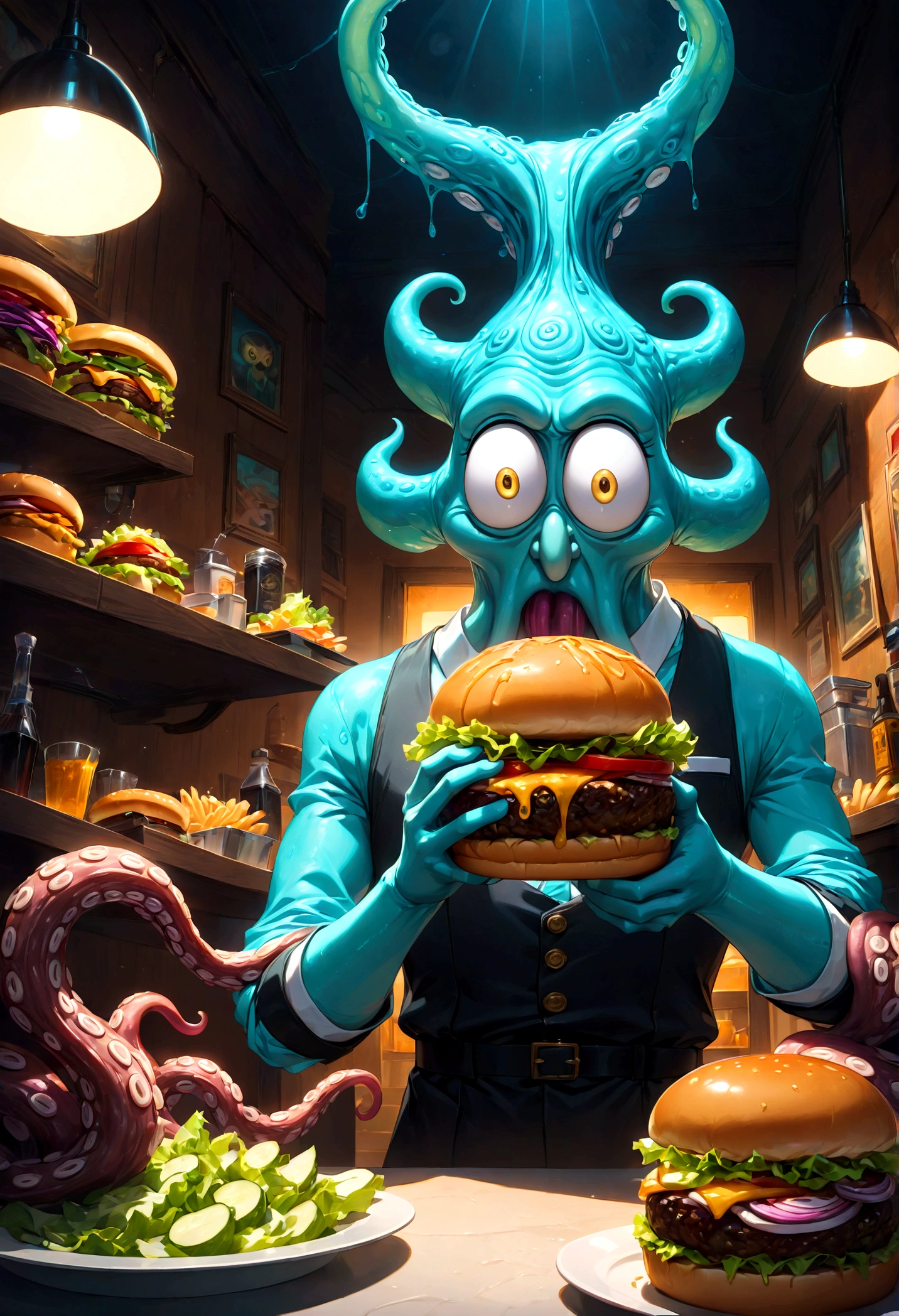 Squidward Quincy Tentacles from "SpongeBob SquarePants", wear Waiter uniform, Cthulhu style Burger Shop, dramatic composition, cinematic dynamic action scene, vibrant colors, cinematic lighting, dramatic lighting, best quality, masterpiece, very aesthetic, perfect composition, intricate details, ultra-detailed