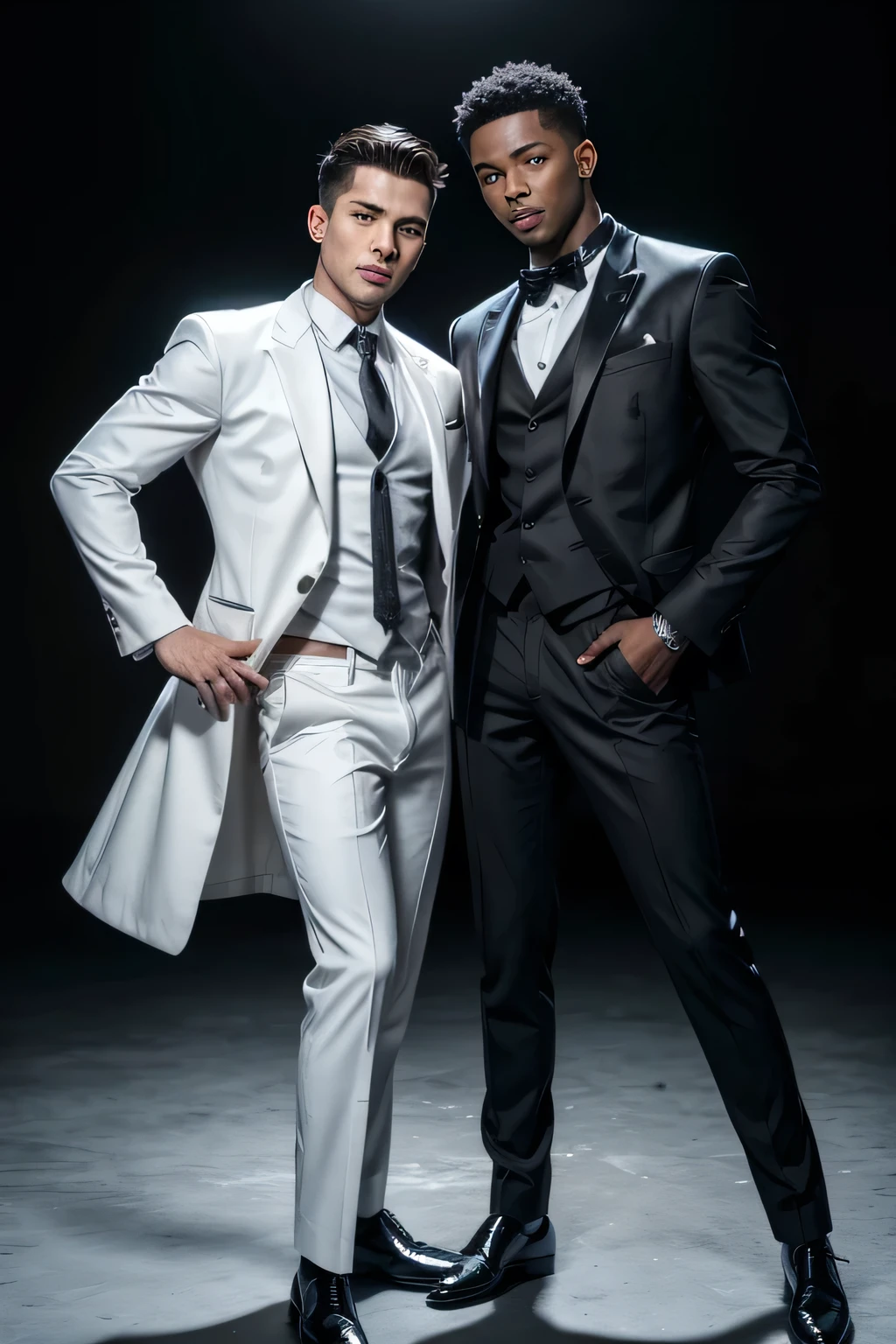 dois homens juntos, um ????? e outro branco, com os rostos encostado, com roupa (imagen realista) in dancer's clothes (cinematic lighting) LGBT