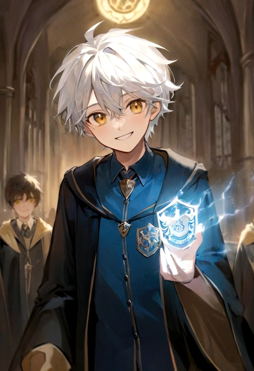 Ravenclaw uniform, Ravenclaw emblem, black robe. One beautiful face boy. Very smart. white Hair. Amber yellow eyes. Hogwarts. Cheerful. Smile. Blue clothes