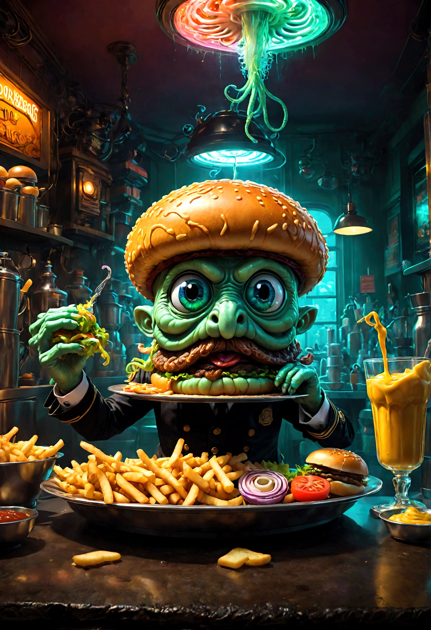 Squidward Quincy Tentacles from "SpongeBob SquarePants", wear Waiter uniform, Cthulhu style Burger Shop, dramatic composition, cinematic dynamic action scene, vibrant colors, cinematic lighting, dramatic lighting, best quality, masterpiece, very aesthetic, perfect composition, intricate details, ultra-detailed