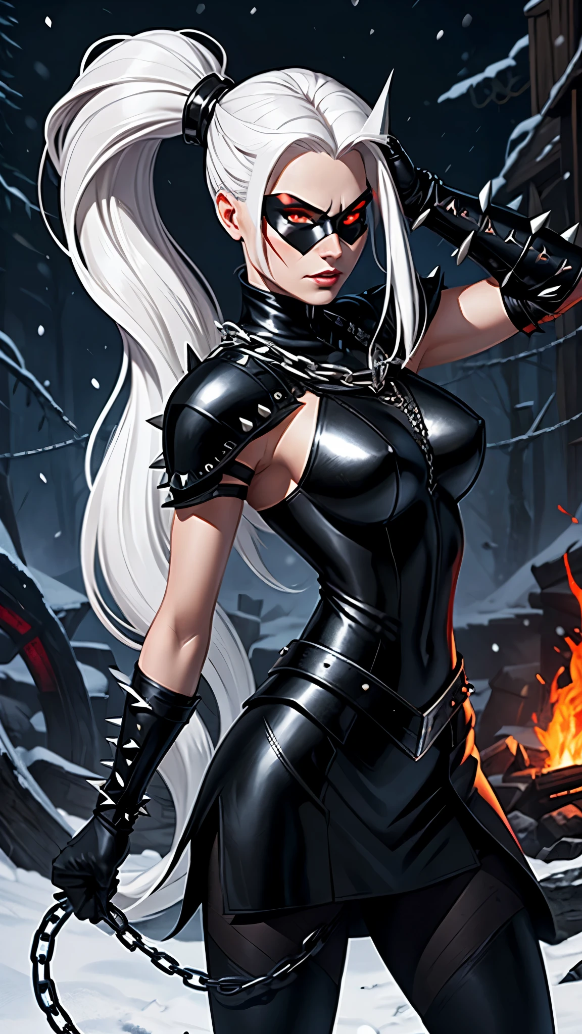 Girl in black leather armor with spikes and chains. Her face and head are completely hidden by a leather mask, leaving only red eyes open. There is a small slit at the back of the mask, from which snow-white hair comes out, Collected in a ponytail. In her hands she holds a nine-tailed whip.