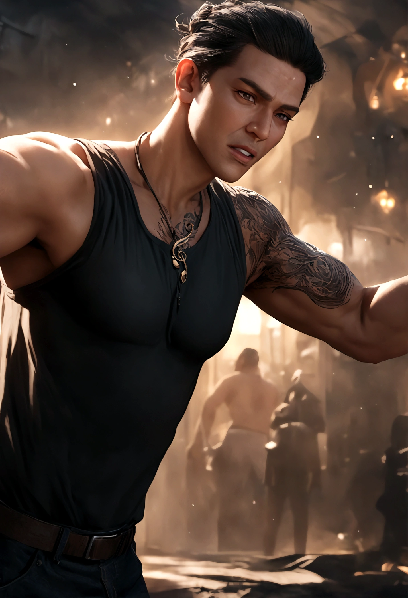 A film inspired by Disney Pixar (35 year old male, large, black hair, very short hair, gradient haircut, a small tattoo on his face near his left eye of the musical note Treble Clef, A large treble clef tattoo covering the arm and the left chest region,
without beard and suspended trimmed mustache and white teeth) in The scene is in the distinct art of the PIXAR style, cool and stylish, photographed by a famous photographer in CANON 5D MARK, detailed skin with all the raw details - ar 4:6 --q 2 - -s 750 --v 58k, 4k, (best quality: 1.5), (masterpiece: 1.5), (best quality, 4k, 8k, high resolution, masterpiece: 1, 2), ultra detailed, (realistic, photorealistic, photorealistic: 1.37), sculptural quality, man, man, ((perfect face, ((male face)), (fantastic:1, 5), (best quality:1.5) ,((full body:1,9)), underwear, muscular man.