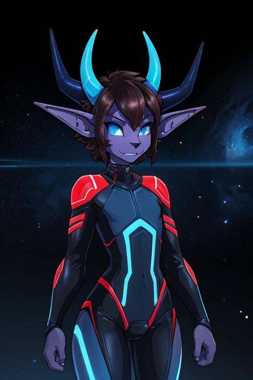 (Demonic elf tomboy), Tomboy, pretty evil face, Dark space station background, thin long body, slim, fit, tron bodysuit, very short hair, dark hair, (brushed back hair, forehead), Dark blue eyes, forehead, flat chested, anthro bug, (Demon horn:1.5)