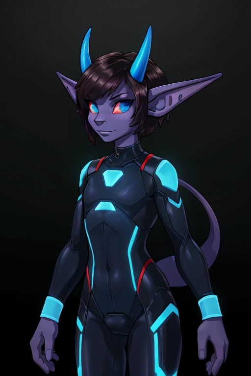 (Demonic elf tomboy), Tomboy, pretty evil face, Dark space station background, thin long body, slim, fit, tron bodysuit, very short hair, dark hair, (brushed back hair, forehead), Dark blue eyes, forehead, flat chested, anthro bug, (Demon horn:1.5)