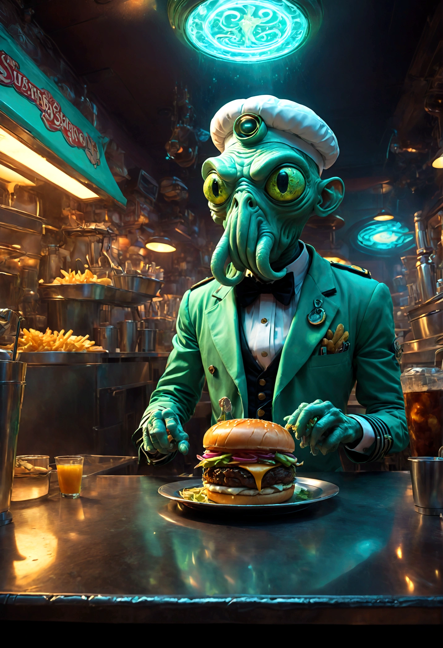 Squidward Quincy Tentacles from "SpongeBob SquarePants", wear Waiter uniform, Cthulhu style Burger Shop, dramatic composition, cinematic dynamic action scene, vibrant colors, cinematic lighting, dramatic lighting, best quality, masterpiece, very aesthetic, perfect composition, intricate details, ultra-detailed