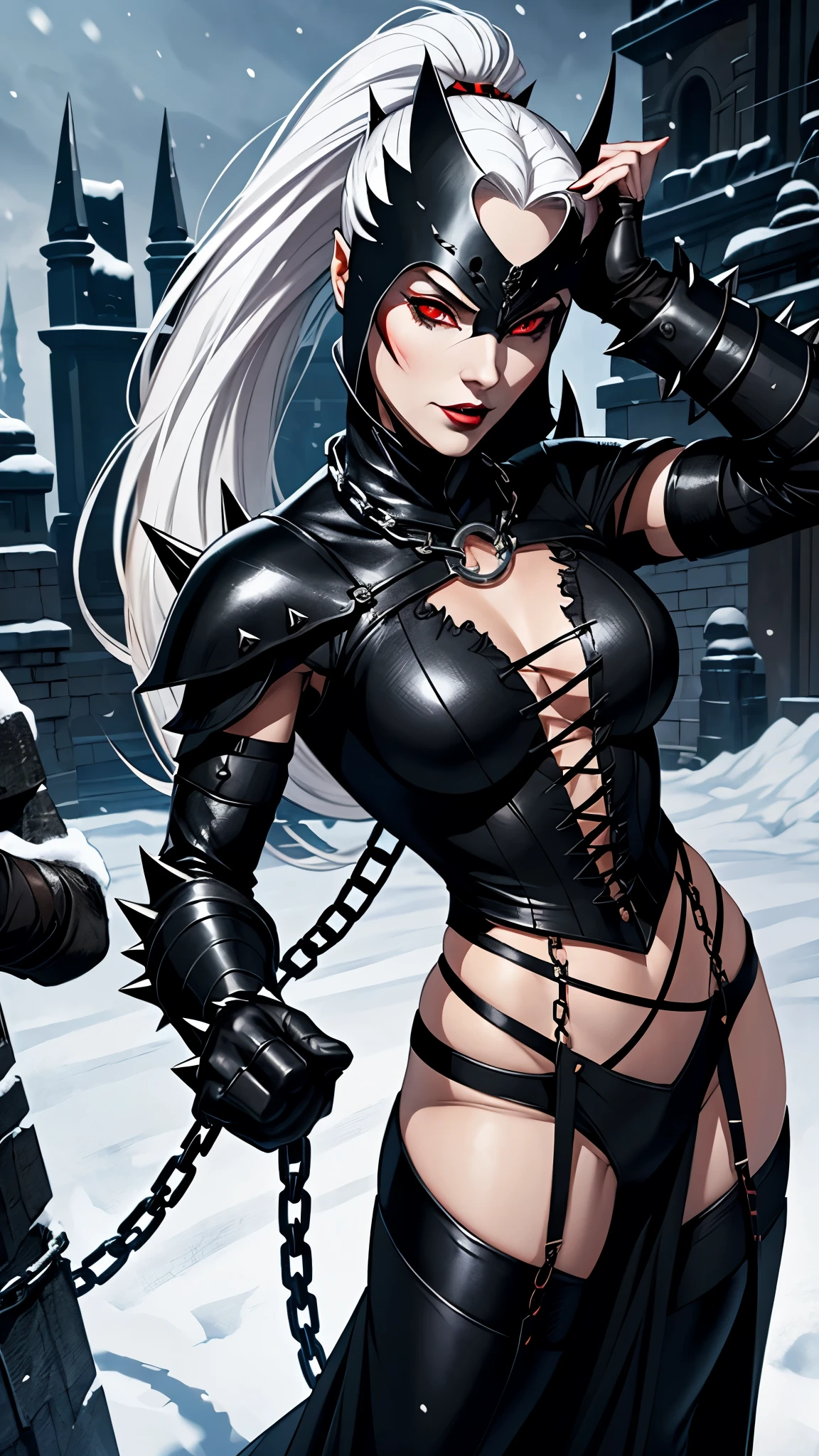 Full length girl, dhampir, in black leather armor with spikes and chains. Her face and head are completely hidden by a leather mask, leaving only red eyes open. There is a small slit at the back of the mask, from which snow-white hair comes out, Collected in a ponytail. In her hands she holds a nine-tailed whip.