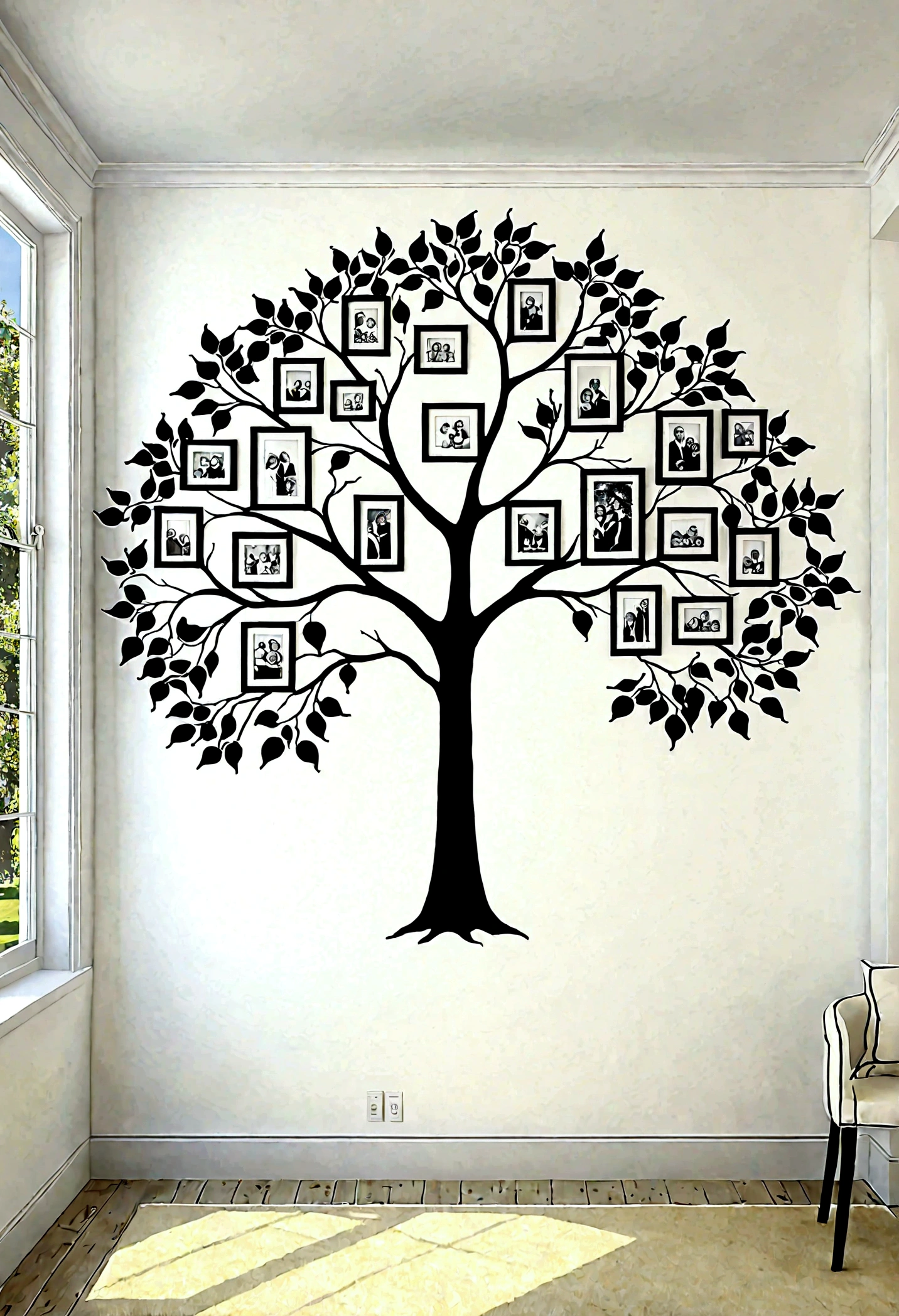 An elegant outline of a family tree painted on a pristine white wall of a bright, airy room, rendered in Ultra HD 16k resolution. The minimalist tree design features delicate, black branches extending gracefully across the wall, creating a striking contrast against the white background. Large, high-definition photographs of family members are thoughtfully placed at the ends of the branches, each image framed in a simple yet sophisticated style. The room is bathed in natural light, enhancing the clarity and detail of the tree and the photos. The clean lines of the tree and the crisp, vivid images combine to form a modern yet timeless visual representation of familial bonds, each photo a window into the lives and stories of relatives across generations.