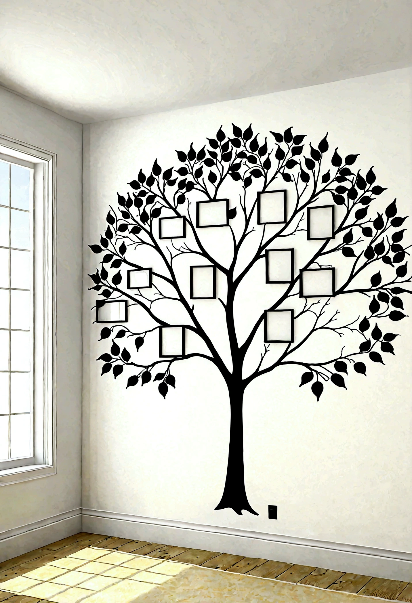 An elegant outline of a family tree painted on a pristine white wall of a bright, airy room, rendered in Ultra HD 16k resolution. The minimalist tree design features delicate, black branches extending gracefully across the wall, creating a striking contrast against the white background. Large, high-definition photographs of family members are thoughtfully placed at the ends of the branches, each image framed in a simple yet sophisticated style. The room is bathed in natural light, enhancing the clarity and detail of the tree and the photos. The clean lines of the tree and the crisp, vivid images combine to form a modern yet timeless visual representation of familial bonds, each photo a window into the lives and stories of relatives across generations.