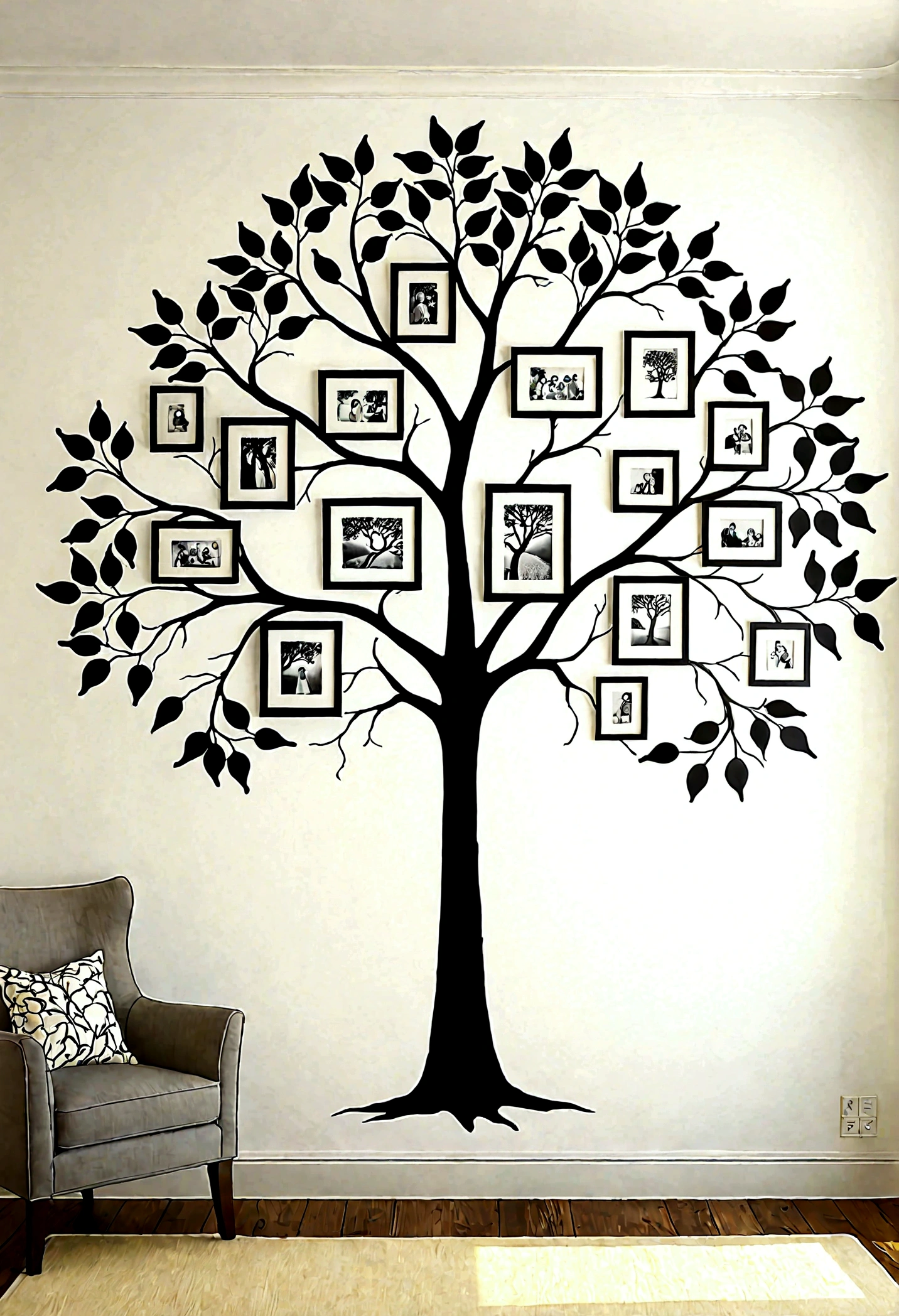 An elegant outline of a family tree painted on a pristine white wall of a bright, airy room, rendered in Ultra HD 16k resolution. The minimalist tree design features delicate, black branches extending gracefully across the wall, creating a striking contrast against the white background. Large, high-definition photographs of family members are thoughtfully placed at the ends of the branches, each image framed in a simple yet sophisticated style. The room is bathed in natural light, enhancing the clarity and detail of the tree and the photos. The clean lines of the tree and the crisp, vivid images combine to form a modern yet timeless visual representation of familial bonds, each photo a window into the lives and stories of relatives across generations.