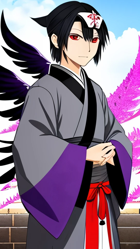 Man, Tengu, Onmyoji, Bird's Beak, Shaggy, Gray Hair, White Feathers, Long Wings, Purple Pupils, Kimono, Japanese Style, Simple Background