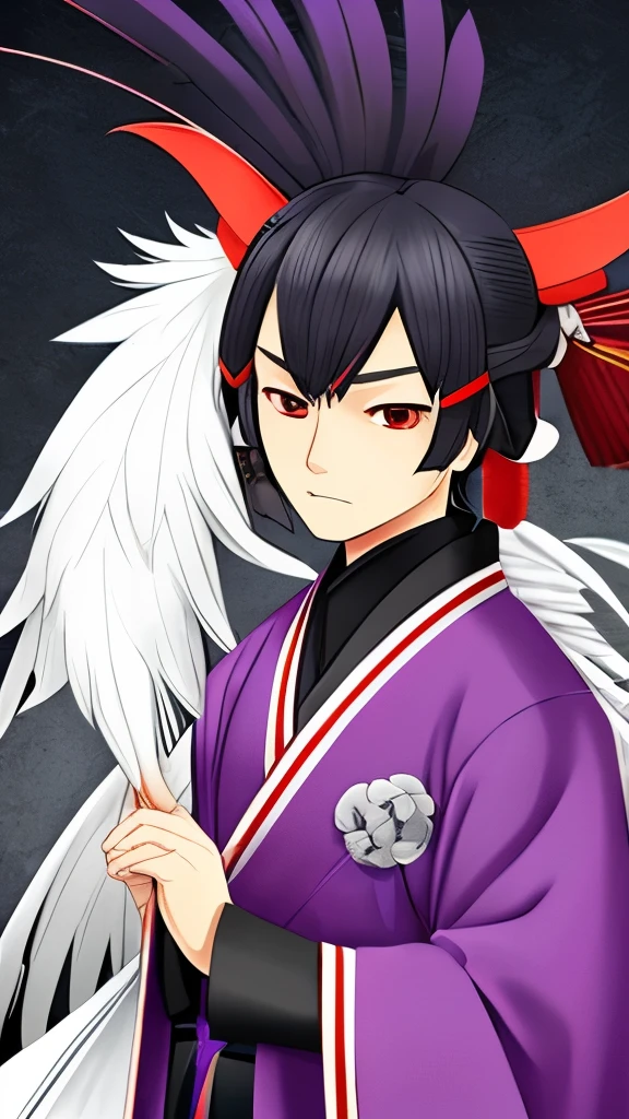 Man, Tengu, Onmyoji, Bird's Beak, Shaggy, Gray Hair, White Feathers, Long Wings, Purple Pupils, Kimono, Japanese Style, Simple Background