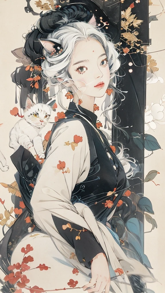 Anime girl with white hair and a black cat on her head, an anime drawing by Yanagawa Nobusada, Topics on pixiv, fur art, Cat girl, white Cat girl, anime Cat girl, Cat girl, beautiful anime Cat girl, attractive Cat girl, very beautiful anime Cat girl, Anime-style illustrations, Anime Cover, nekomimi