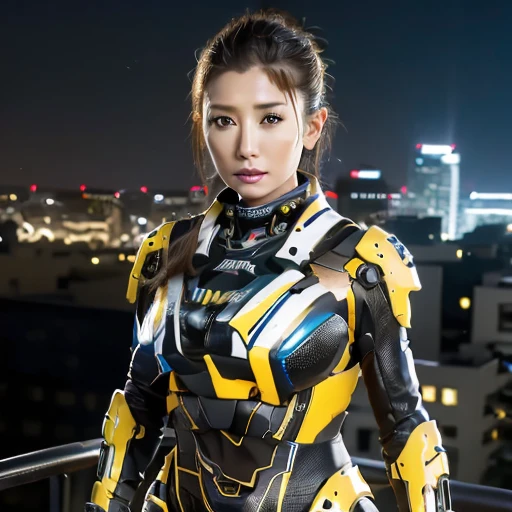 best quality,8k,highres,masterpiece,ultra-detailed, realistic, photo realistic, HDR,UHD, professional lighting, sharp focus, physically-based rendering, extreme detail description, colorful, 8k wallpaper, 8k cityscape background,1 Japanese female, yellow and black and blue full metallic mech armored, rooftop, night, skyscraper,