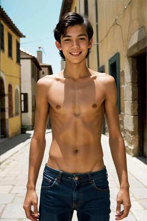 skinny 14 year old boy on a 15th century street, torso exposed, thong, (laughing:0.5), (highly detailed), saturated colors, hyper-realistic, lifelike texture, dramatic lighting, cinestill 800, noon, vintage lighting, black thin hair