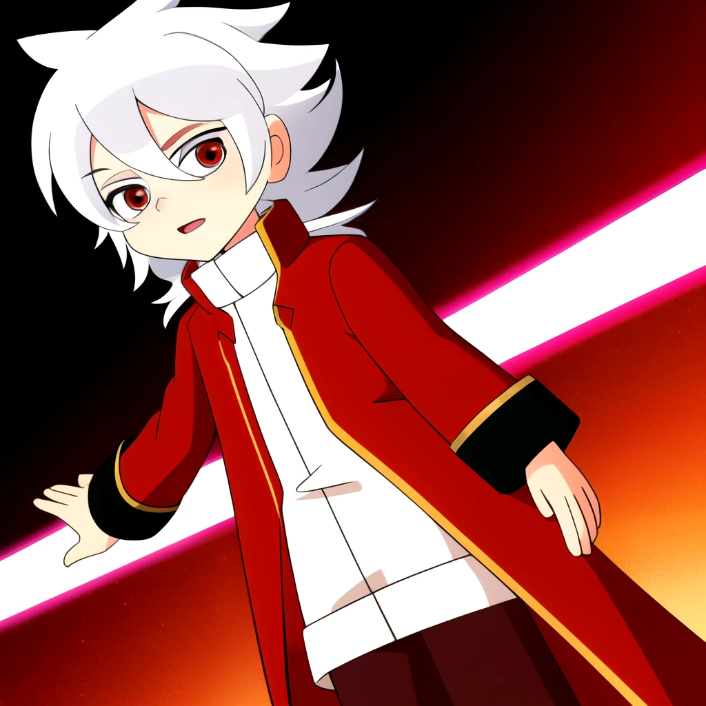 A ten-year-old boy with white hair and red eyes in a red coat