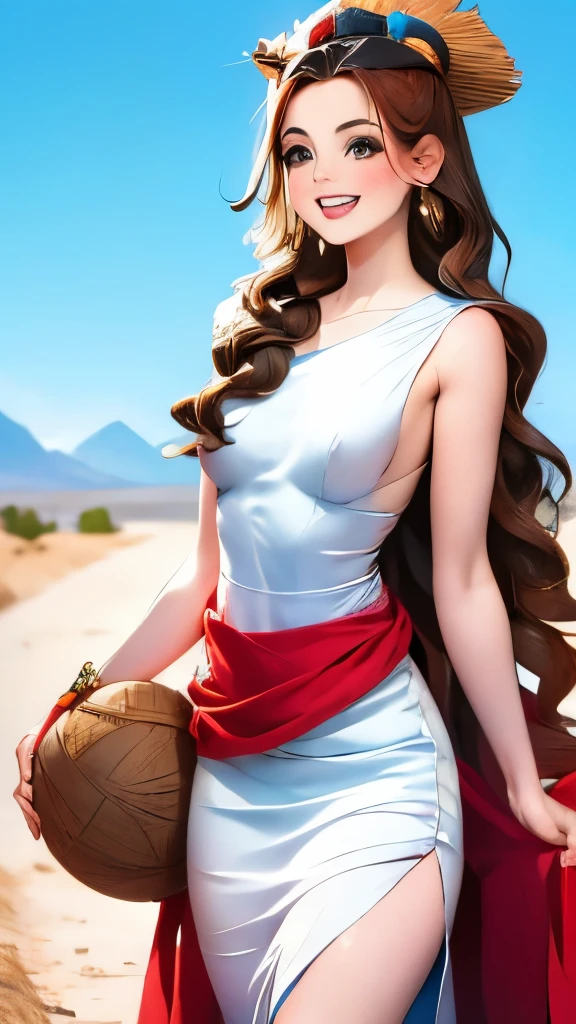 Alafi woman in traditional costume holding a small drum in the desert, a young woman in shamanic costume, a girl holding a sphere, the scenery of the film Silk Road, beautiful youth, portrait shot, ancient princess Lieb, the vanishing line of the desert is below the woman's waist, the sky is clear and transparent.