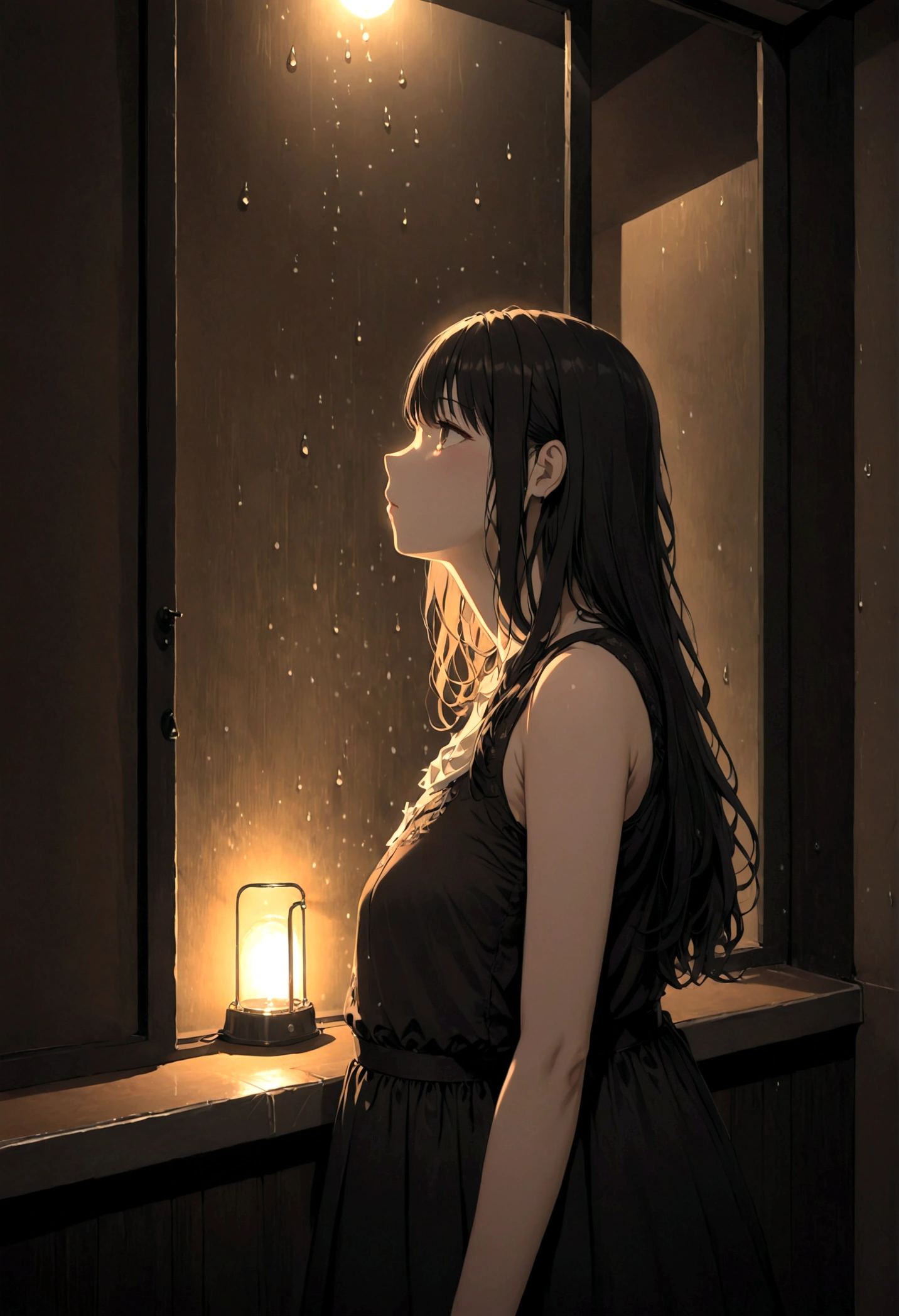 ((masterpiece), Absurd quality, 16k, detailed, (masterpiece:1.2), (pale_skin:1.2), (alone:1.2), (woman), thin, (Shine_eye), Long Hair, bangs, Black Hair, Outdoor, Sleeveless, Love Hotel、Innermost, In a dark corner not well lit by the flashing lights,The lighting is so dim that I can barely see anything. The girl in profile is breathing in the cold air from her breath. Cold raindrops fall on the foggy window、A dim light shines in from outside。, Brighten up the interior atmosphere..A girl with a calm and thoughtful expression