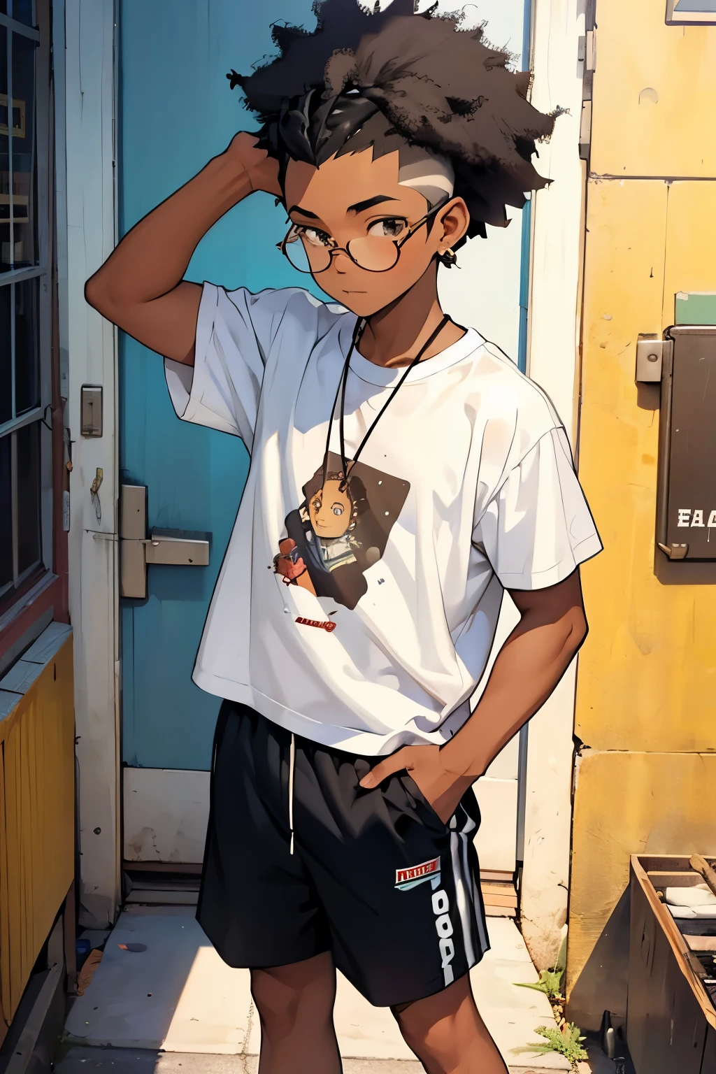 a cute teenage afro boy, chocolate skin , 12 years old boy with a undercut afro hair and a earing in his earing, and using a square glasses, dressing a sleeveless white t-shirt and black shorts
