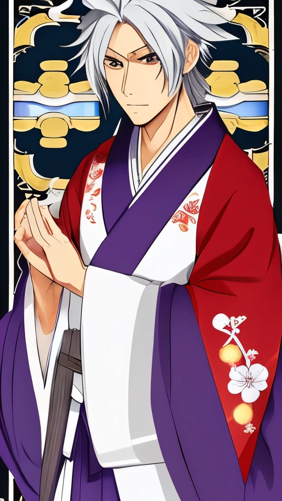 Man, Tengu, Onmyoji, Bird's Beak, Shaggy, Gray Hair, White Feathers, Long Wings, Purple Pupils, Kimono, Japanese Style, Simple Background