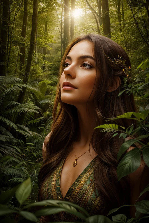 Enchanting Tableau: A captivating portrayal of a woman of age, embodying the spirit of Mother Nature. She stands tall and regal, enveloped in a tapestry of earthy tones, reflecting the soil and vegetation. Her hair is a waterfall of fine, realistic, multi-hued strands, adorned with branches and foliage. Her facial features are accentuated with striking contrast, mimicking the day-night cycle, with deep brown eyes and rosy cheeks. She stands amidst a vivid, lush forest, gently illuminated by the tender radiance of dappled sunlight. Sharp focus and awe-inspiring details breathe