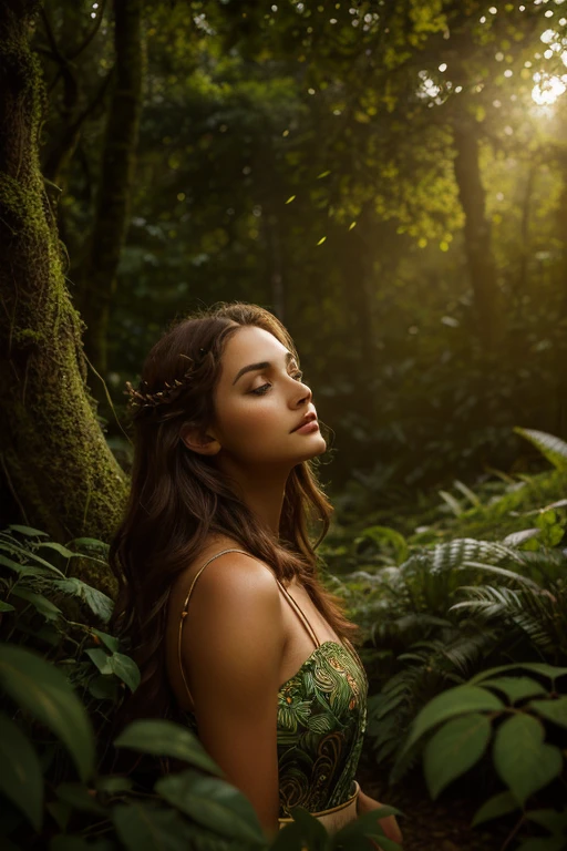 Enchanting Tableau: A captivating portrayal of a woman of age, embodying the spirit of Mother Nature. She stands tall and regal, enveloped in a tapestry of earthy tones, reflecting the soil and vegetation. Her hair is a waterfall of fine, realistic, multi-hued strands, adorned with branches and foliage. Her facial features are accentuated with striking contrast, mimicking the day-night cycle, with deep brown eyes and rosy cheeks. She stands amidst a vivid, lush forest, gently illuminated by the tender radiance of dappled sunlight. Sharp focus and awe-inspiring details breathe
