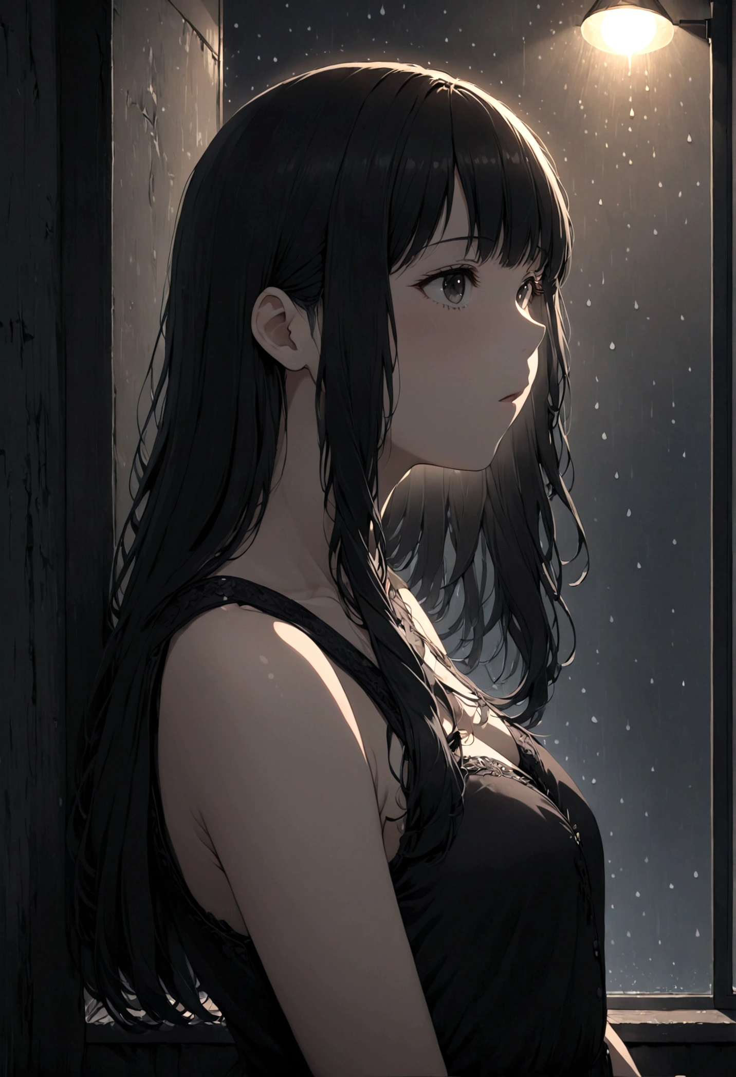 ((masterpiece), Absurd quality, 16k, detailed, (masterpiece:1.2), (pale_skin:1.2), (alone:1.2), (woman), thin, (Shine_eye), Long Hair, bangs, Black Hair, Outdoor, Sleeveless, Love Hotel、Innermost, In a dark corner not well lit by the flashing lights,The lighting is so dim that I can barely see anything. The girl in profile is breathing in the cold air from her breath. Cold raindrops fall on the foggy window、A dim light shines in from outside。, Brighten up the interior atmosphere..A girl with a calm and thoughtful expression