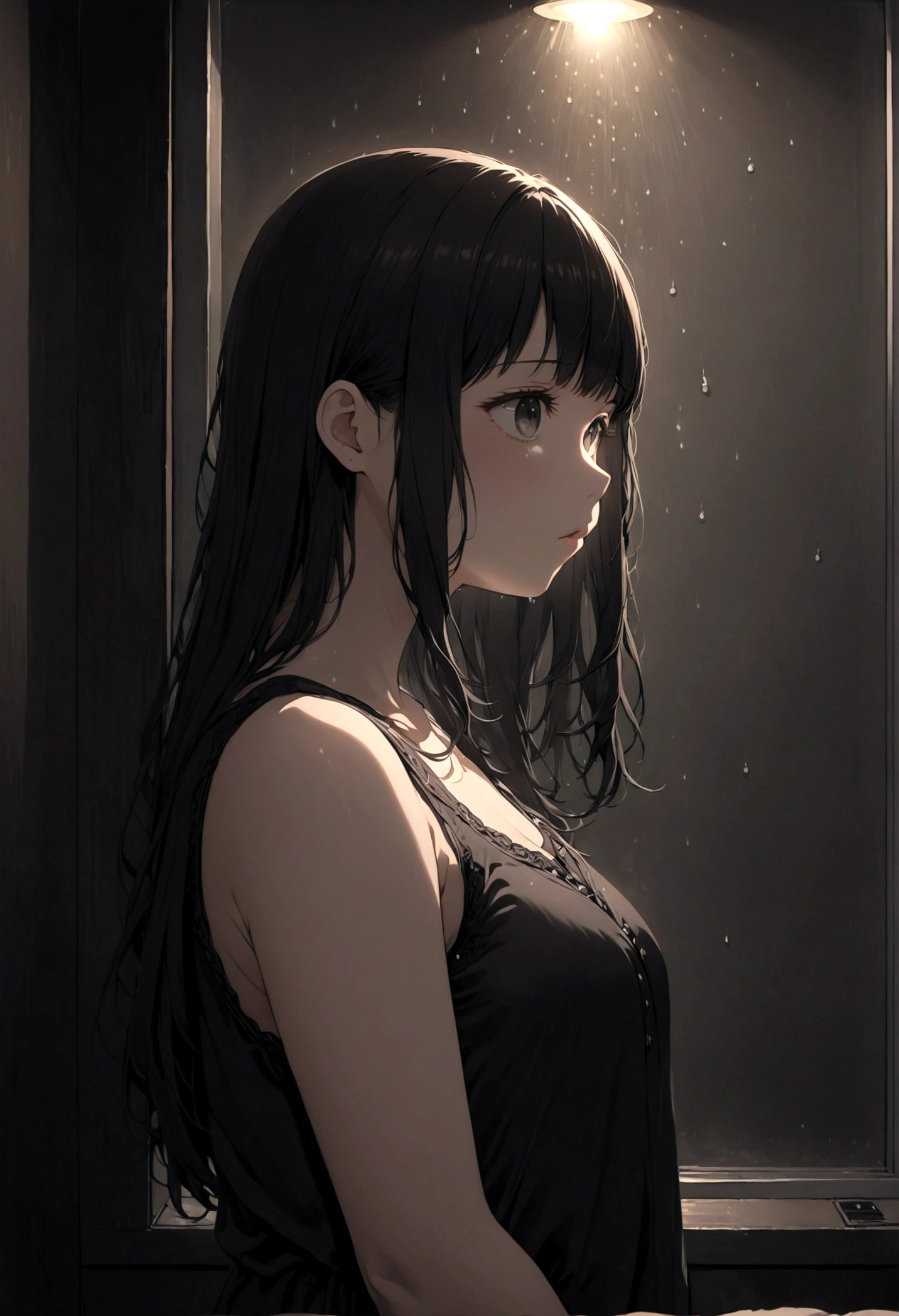 ((masterpiece), Absurd quality, 16k, detailed, (masterpiece:1.2), (pale_skin:1.2), (alone:1.2), (woman), thin, (Shine_eye), Long Hair, bangs, Black Hair, Outdoor, Sleeveless, Love Hotel、Innermost, In a dark corner not well lit by the flashing lights,The lighting is so dim that I can barely see anything. The girl in profile is breathing in the cold air from her breath. Cold raindrops fall on the foggy window、A dim light shines in from outside。, Brighten up the interior atmosphere..A girl with a calm and thoughtful expression