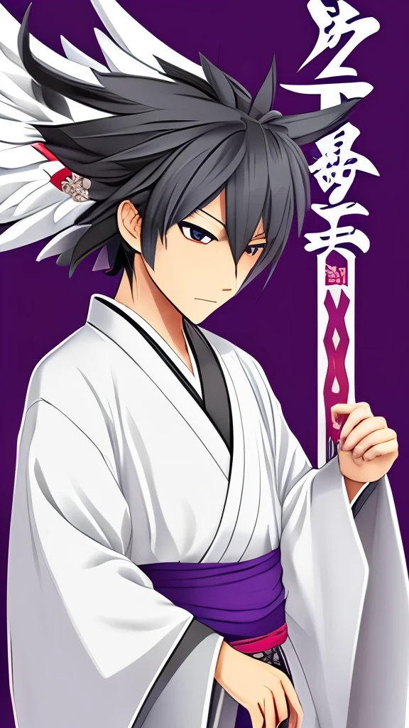 Man, Tengu, Onmyoji, Bird's Beak, Shaggy, Gray Hair, White Feathers, Long Wings, Purple Pupils, Kimono, Japanese Style, Simple Background