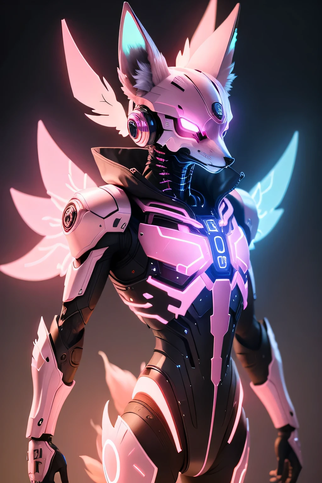 a pink glowing fox with a metalic cyborg android looking fox skull as a face with metal claws bleu glowing wings floathing around his back