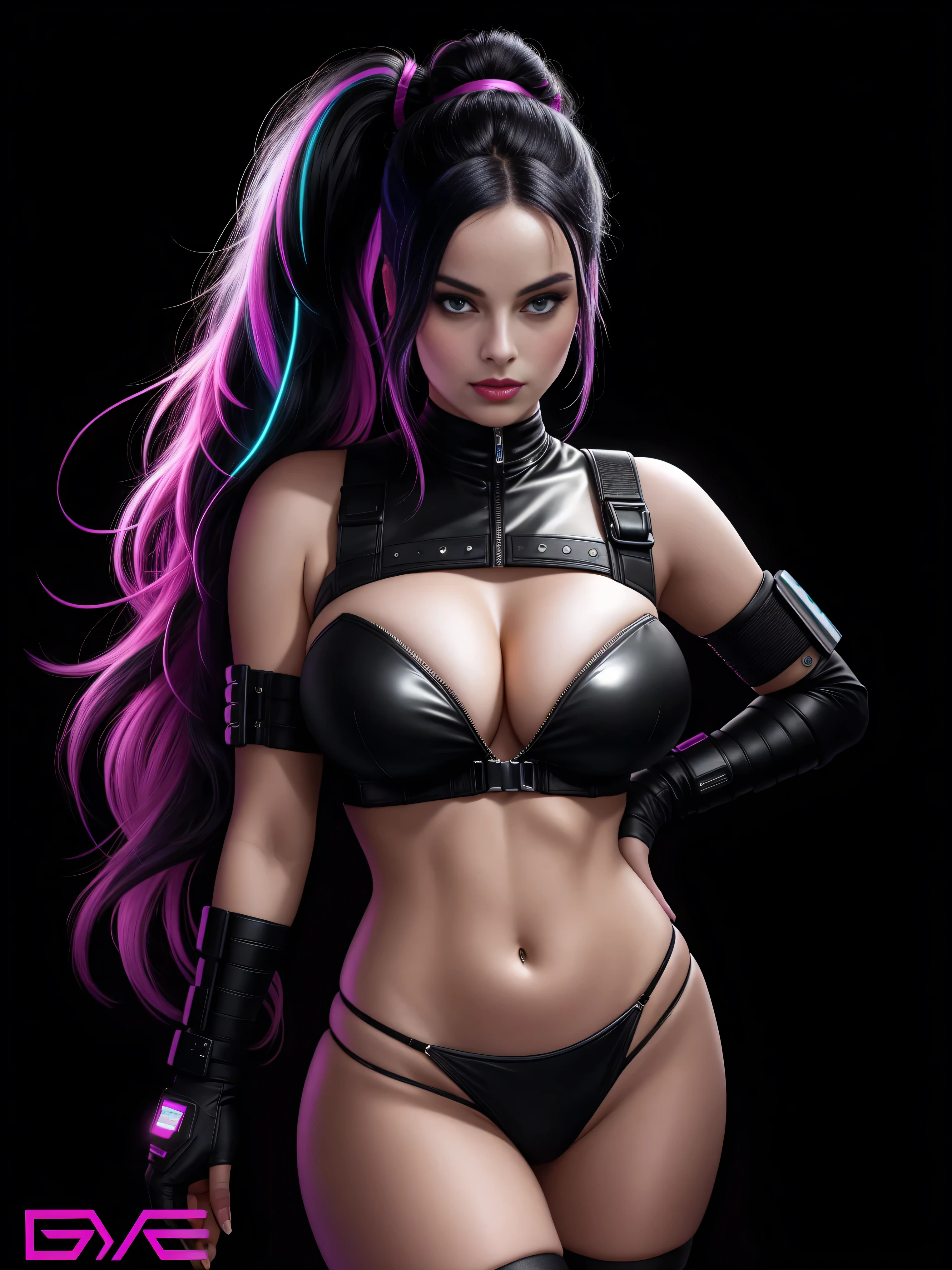 there is Margot Robbie, black neon streaked hair, hair in pony tail, 3 d neon art of a womans body, neon-noir background, cyberpunk femme fatale, seductive cyberpunk dark fantasy, cyberpunk strip clubs, cyberpunk 20 y. o model girl, oppai cyberpunk, banner, high definition cgsociety, cgsociety masterpiece, trending on cgstation, kda, random hair, looking at camera, gigantic breasts, cleavage, (high detailed skin:1.2), 8k uhd, dslr, super lighting, high quality, film grain, high res, highly detailed, hyper realistic, beautiful face, beautiful body, beautiful eyes nose lips, alluring expression, very bold, upper visible, full body photo, standing legs apart, pale translucent glowing skin, most beautiful face, cute, (well defined pubic hair:1.2)), (dark plain black background:1.4))