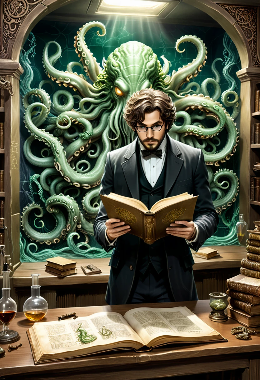 A professor with messy hair is studying a thick ancient book in a laboratory full of Cthulhu's tentacles. Pictures of Cthulhu's tentacles are pasted on the wall. The background is a research room full of academic atmosphere, (masterpiece, best quality, Professional, perfect composition, very aesthetic, absurdres, ultra-detailed, intricate details:1.3)
