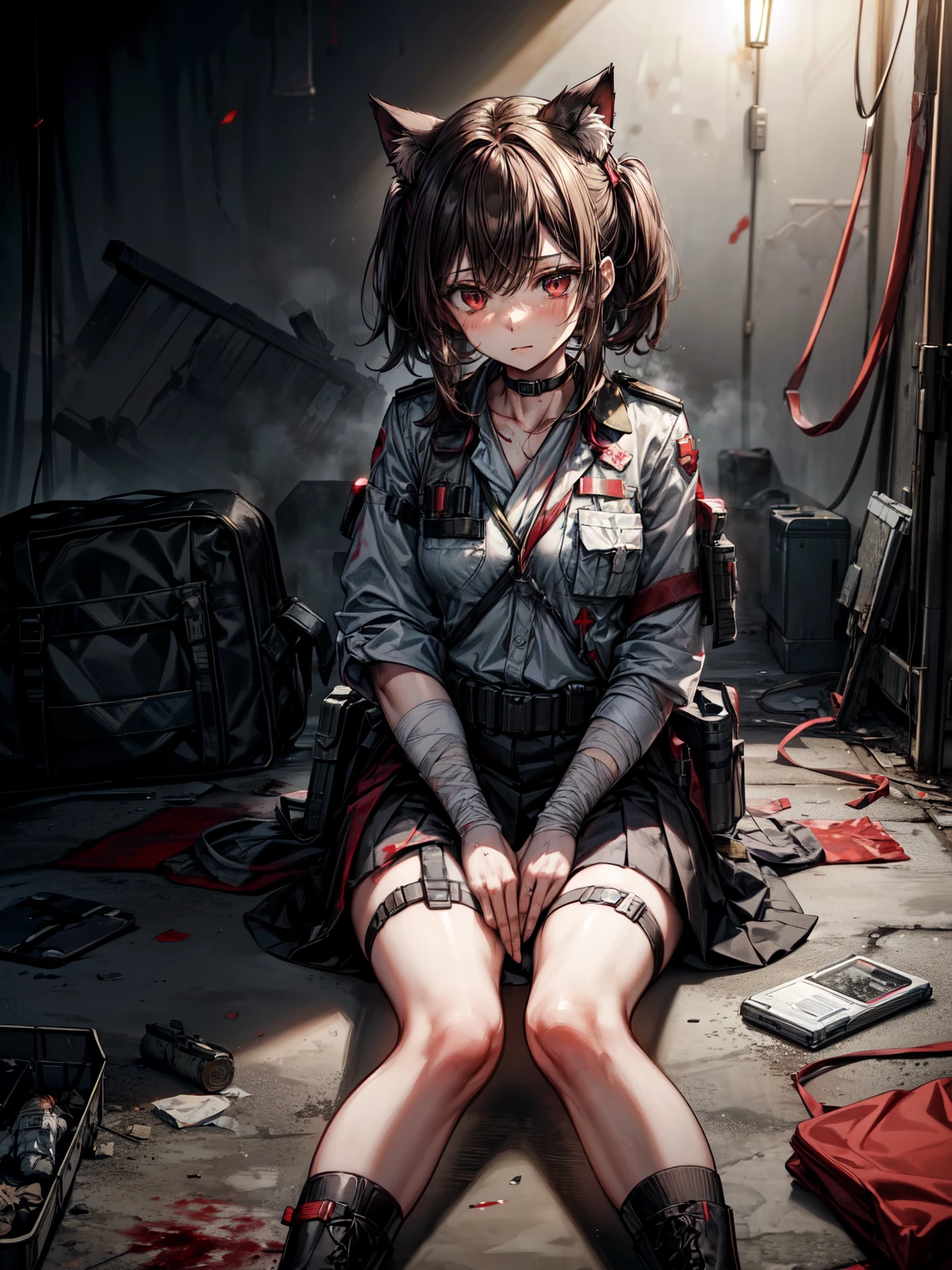1 girl, ((masterpiece)), 8k, artstation, ultra high quality, ultra high detail, ((ultra high resolution)), glowing red eyes, brown hair, cat ears, surgical gloves, doctor, ((combat medic)), military, tactical, (pouches), tactical pouches, battlefield, close quarters combat, blood, white uniform, red cross, first aid, suture kit, indoors, pool of blood, bullet holes, war zone, medkit, hospital, patient, grave injury, medical clothes, doctor's attire, field medic, medical supplies, bandages, anti-biotics, morphine, bandaged knee, tired expression, tired, tourniquet, combat boots, black skirt, medical bed, medical kits, black socks, dynamic pose, (hands between legs), 1 bandaged knee