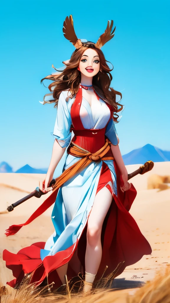 Alafi woman in traditional costume holding a small drum in the desert, a young woman in shamanic costume, a girl holding a sphere, the scenery of the film Silk Road, beautiful youth, portrait shot, ancient princess Lieb, the vanishing line of the desert is below the woman's waist, the sky is clear and transparent.