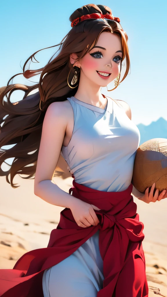 Alafi woman in traditional costume holding a small drum in the desert, a young woman in shamanic costume, a girl holding a sphere, the scenery of the film Silk Road, beautiful youth, portrait shot, ancient princess Lieb, the vanishing line of the desert is below the woman's waist, the sky is clear and transparent.