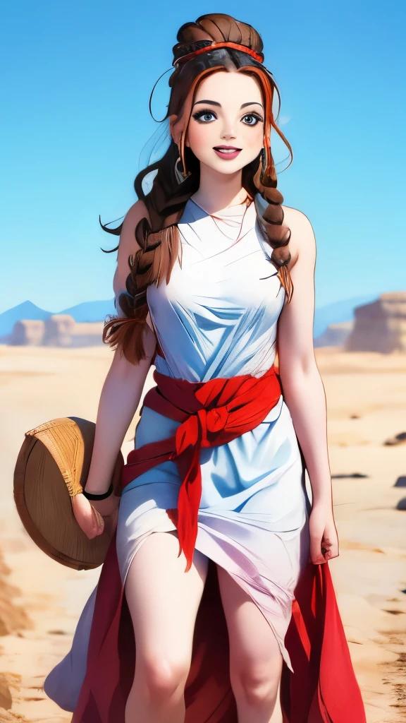 Alafi woman in traditional costume holding a small drum in the desert, a young woman in shamanic costume, a girl holding a sphere, the scenery of the film Silk Road, beautiful youth, portrait shot, ancient princess Lieb, the vanishing line of the desert is below the woman's waist, the sky is clear and transparent.