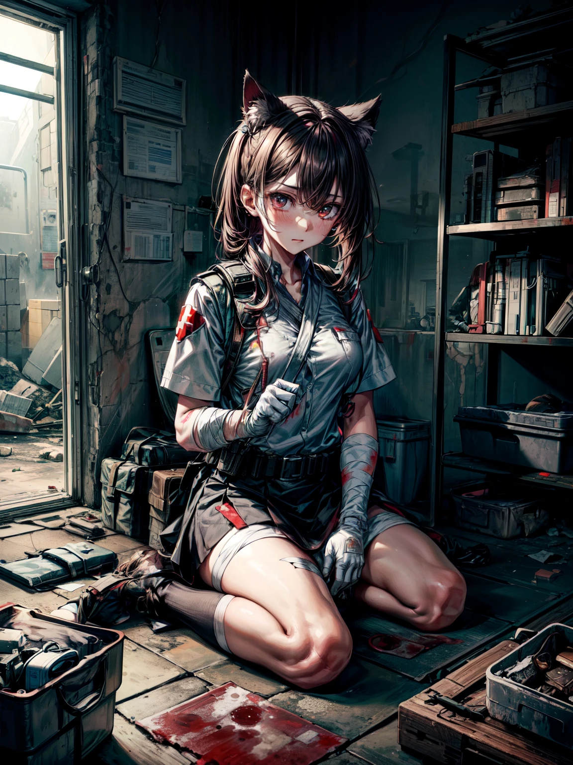 1 girl, ((masterpiece)), 8k, artstation, ultra high quality, ultra high detail, ((ultra high resolution)), glowing red eyes, brown hair, cat ears, surgical gloves, doctor, ((combat medic)), military, tactical, (pouches), tactical pouches, battlefield, close quarters combat, blood, white uniform, red cross, first aid, suture kit, indoors, pool of blood, bullet holes, war zone, medkit, hospital, patient, grave injury, medical clothes, doctor's attire, field medic, medical supplies, bandages, anti-biotics, morphine, bandaged knee, tired expression, tired, tourniquet, combat boots, black skirt, medical bed, medical kits, black socks, dynamic pose, (hands between legs), 1 bandaged knee
