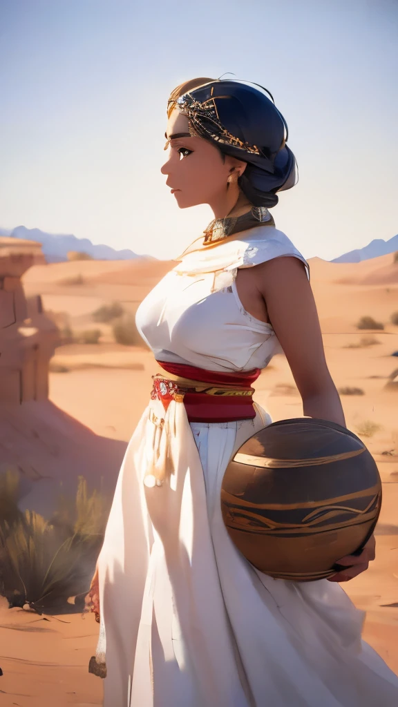 Alafi woman in traditional costume holding a small drum in the desert, a young woman in shamanic costume, a girl holding a sphere, the scenery of the film Silk Road, beautiful youth, portrait shot, ancient princess Lieb, the vanishing line of the desert is below the woman's waist, the sky is clear and transparent.