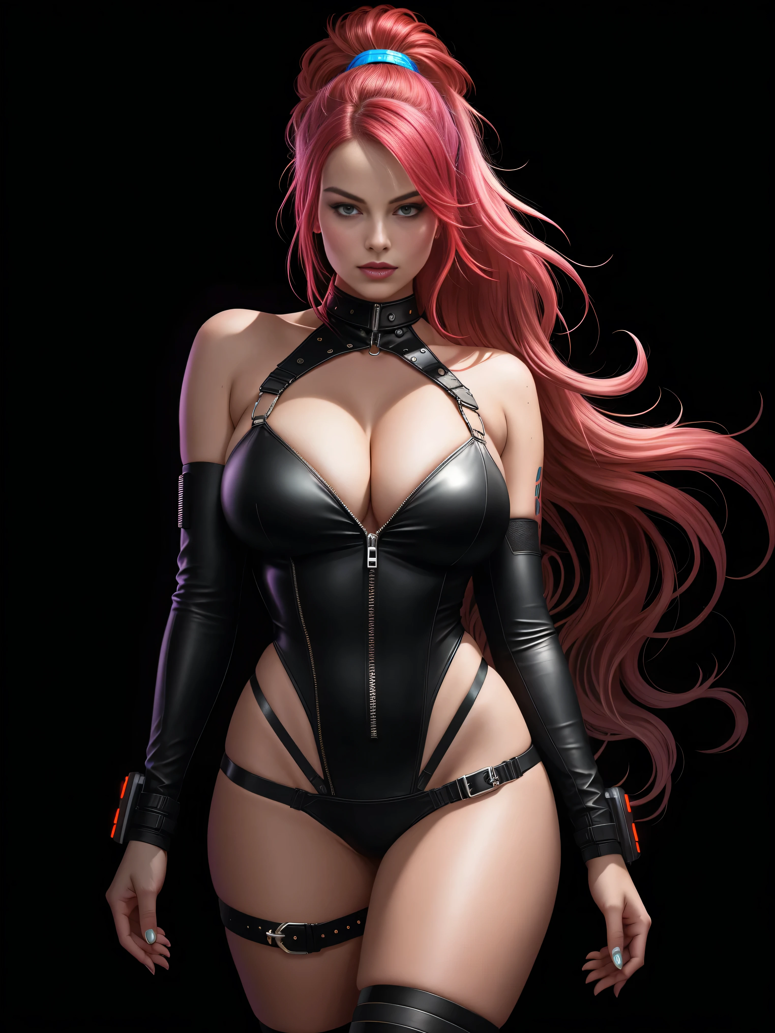 there is Margot Robbie, black and bright neon streaked hair, hair in pony tail, 3 d neon art of a womans body, neon-noir background, cyberpunk femme fatale, seductive cyberpunk dark fantasy, cyberpunk strip clubs, cyberpunk 20 y. o model girl, oppai cyberpunk, banner, high definition cgsociety, cgsociety masterpiece, trending on cgstation, kda, random hair, ((red:1.4)), looking at camera, gigantic breasts, cleavage, (high detailed skin:1.2), 8k uhd, dslr, super lighting, high quality, film grain, high res, highly detailed, hyper realistic, beautiful face, beautiful body, beautiful eyes nose lips, alluring expression, very bold, upper  visible, full body photo, standing legs apart, pale translucent glowing skin, most beautiful face, cute, (well defined pubic hair:1.2)), (dark plain black background:1.4))