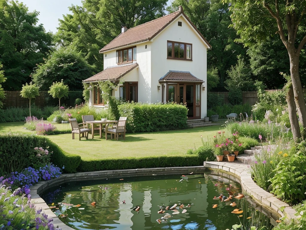 Nice single story house in a beautiful garden, daschund in garden, birds in air, small animals, pond with fish, butterflies in air, 
