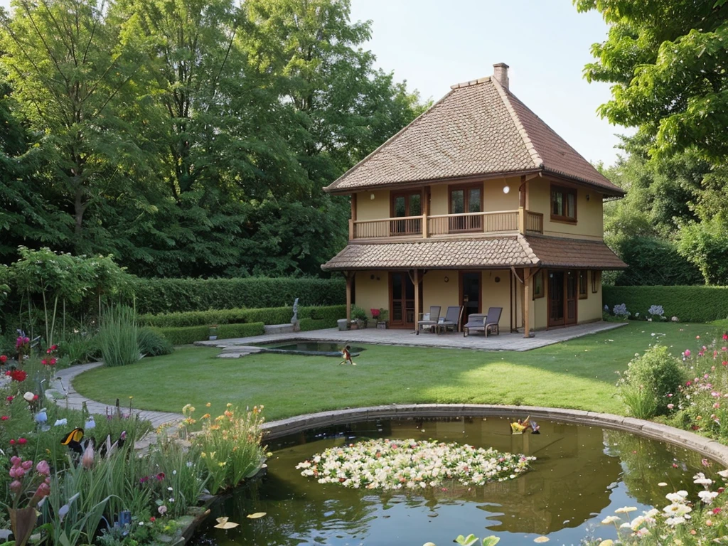 Nice single story house in a beautiful garden, daschund in garden, birds in air, small animals, pond with fish, butterflies in air,