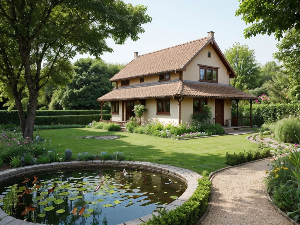 Nice single story house in a beautiful garden, daschund in garden, birds in air, small animals, pond with fish, butterflies in air, 