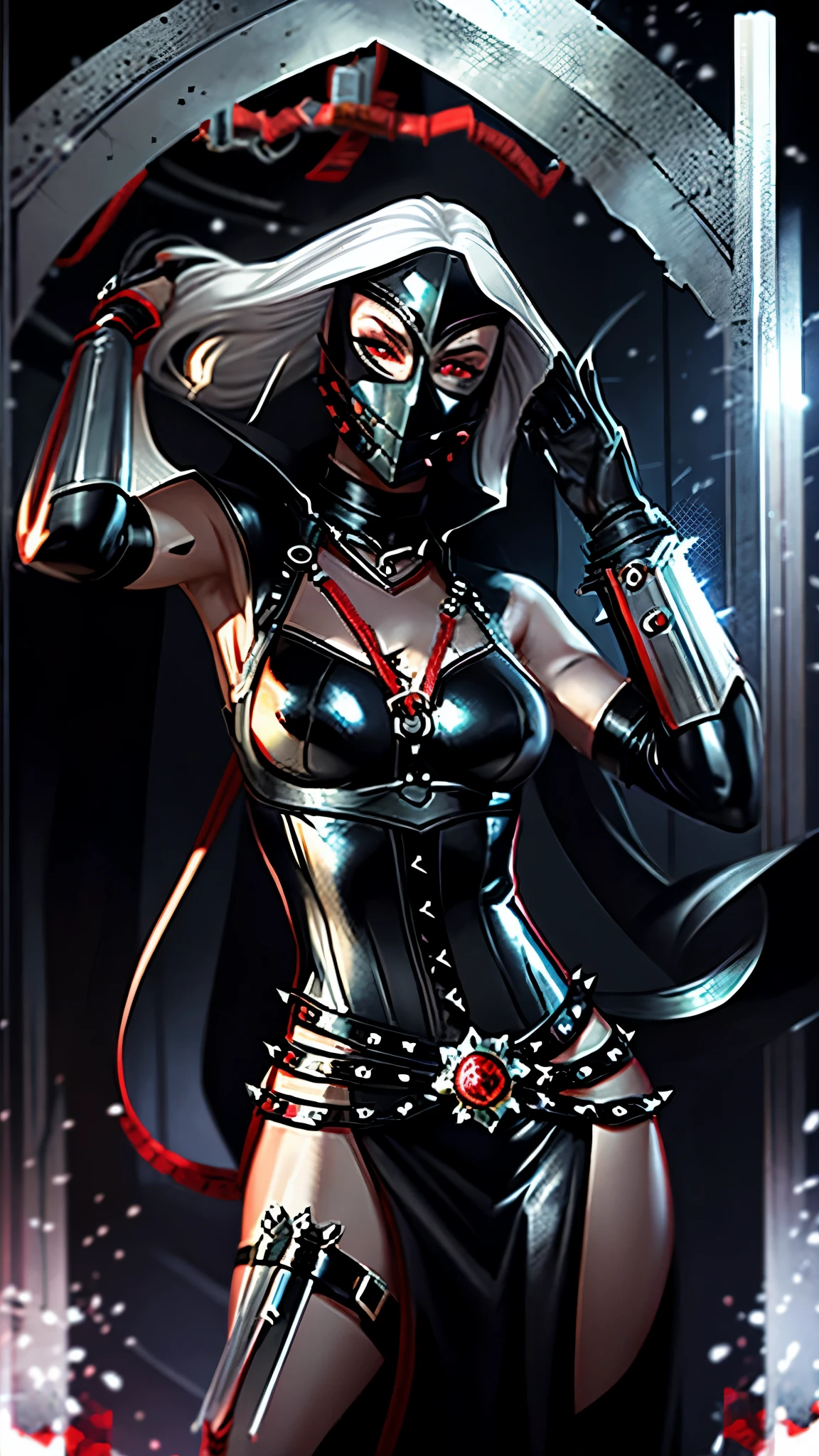 Full length girl, dhampir, in black leather armor with spikes and chains. Her face and head are completely hidden by a leather mask, leaving only red eyes open. There is a small slit at the back of the mask, from which snow-white hair comes out, Collected in a ponytail. In her hands she holds a nine-tailed whip.
