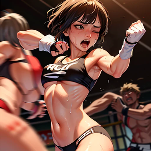 Intense violence. The other party punches her repeatedly in the stomach. She is wearing a sports bra and high-leg panties. Two young, beautiful Japanese mixed martial artists are fighting in the octagon. They are covered in blood. Their mouths open, drooling, one eye closed, short of breath. They are sweating profusely. Short-cut black hair. Open finger gloves. Erect nipples. Small breasts.