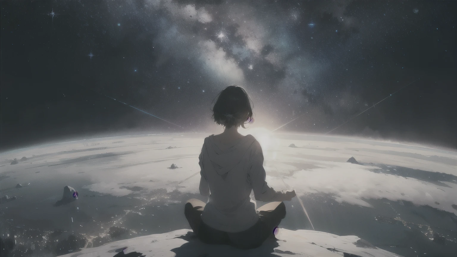 meditation. Ridiculous resolution, high resolution, (Obra de arte:1.4), Super detalhado, 1 , visto de cima, space, Flutuando, --v 6