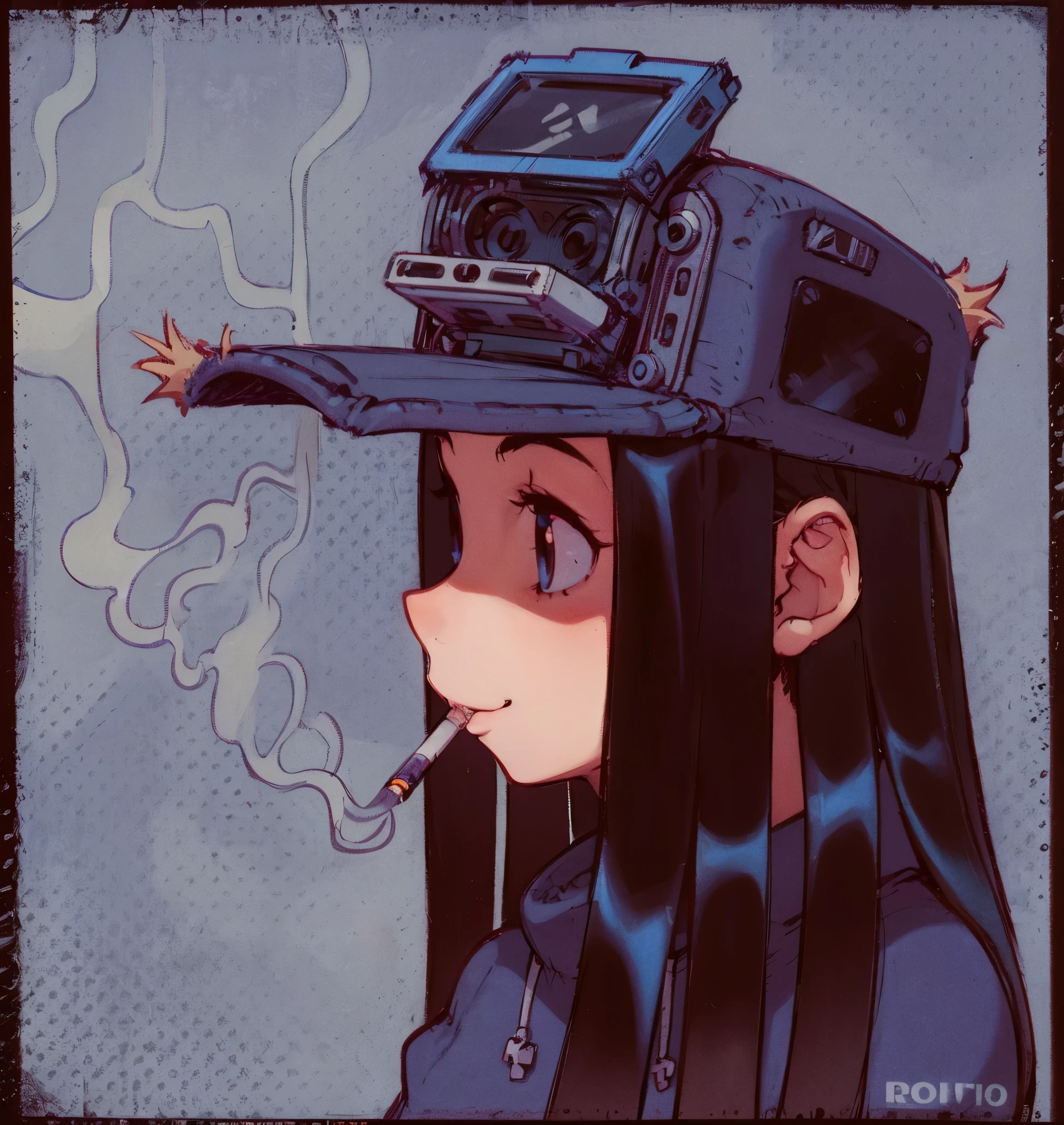 [Cassette Girl], [SoftDon], [Dondrrr], [Newground], ((masterpiece)), ((HD)), ((high res)), ((solo portrait)), ((front view)), ((detailed shading)), ((intricate details)), {slim attractive figure, cassette player on head, cute eyes, short dark hair, tape reel hair, long eyelashes, small breasts, curvy hips, beautiful legs}, {Indigo cap, torn indigo sweatshirt, black spandex biker shorts, navy-blue sneakers with untied shoelaces}, {(cute smile)}, {(sitting on stairs), (smoking cigarette), (looking at viewer)}, [Background; dark color pallet, sun rays, ambient lighting]