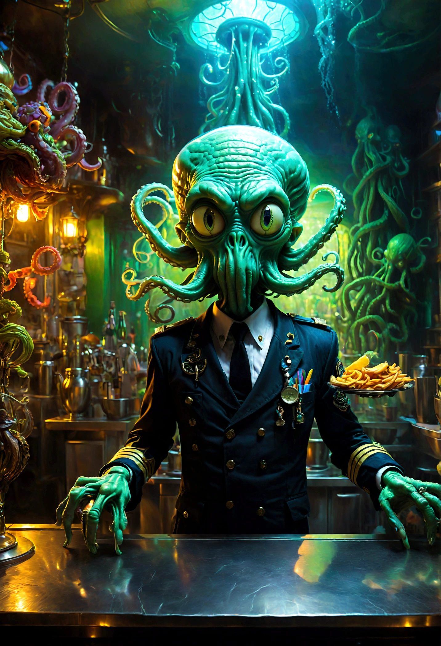 Squidward Quincy Tentacles from "SpongeBob SquarePants", wear Cashier uniform, Cthulhu style restaurant, dramatic composition, cinematic dynamic action scene, vibrant colors, cinematic lighting, dramatic lighting, best quality, masterpiece, very aesthetic, perfect composition, intricate details, ultra-detailed