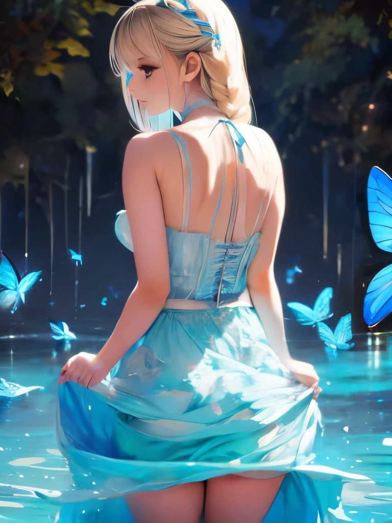 1 girl, transparent water, blue butterfly, pure white gauze skirt, sparkling